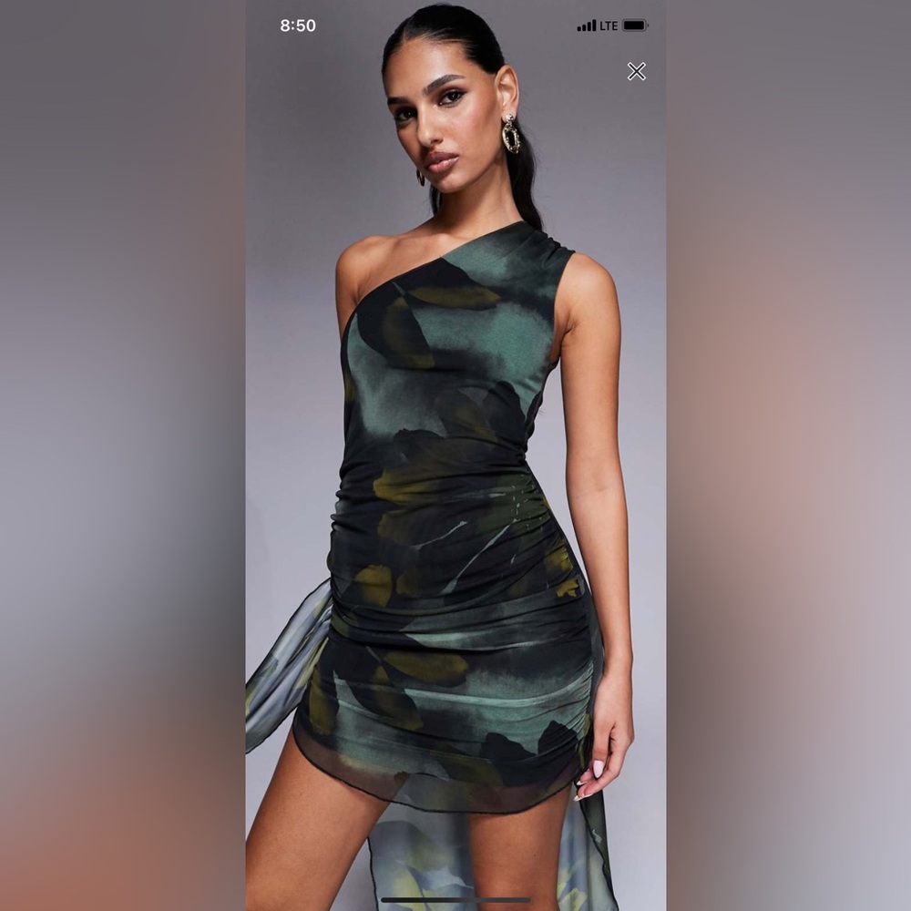 Mesh Black/Green floral print Asymmetrical Ruched Cocktail Gown